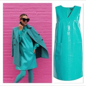 NWT Halogen x Atlantic-Pacific Croc Embossed Faux Leather Shift Dress Teal S